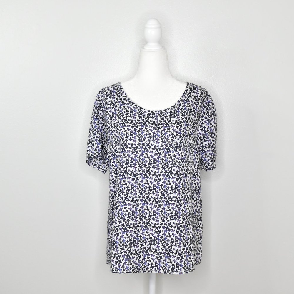 Cynthia Rowley 100% Linen Floral Short Sleeve Top Size M Pullover White Purple